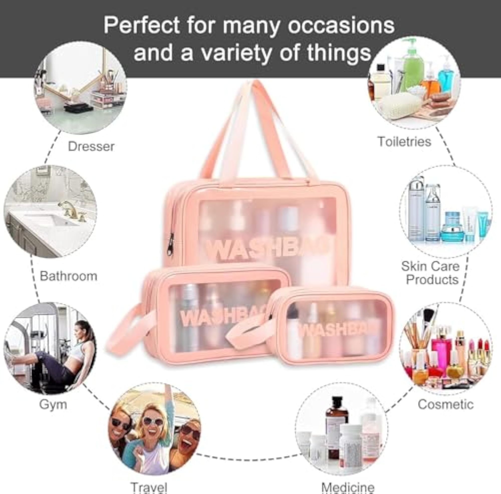 Travel Wash Bag Set of 3 with Zipper
