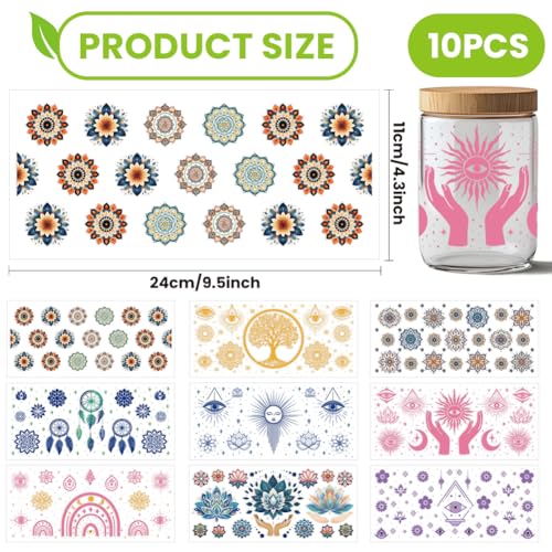 arricraft 10 Sheets Boho Style UV DTF Cup Wrap Tree of Life Sun and Moon Devil's Eye Rub on Transfers Waterproof PVC Paper Rub on Decals for DIY 16OZ Glass Cups Furniture Wood - Image 2
