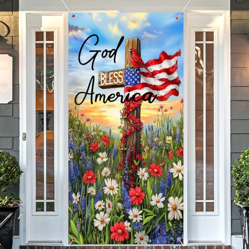 36X72IN 4th of July Patriotic Door Cover Decorations, God Bless America Cross Welcome Door Banner Flag, USA Memorial Independence Veterans Indoor Outdoor Supplies Party Decor