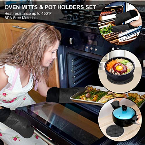Kohsen Silicone Oven Mitts And Pot Holders Set, 6 Piece Set With 2 Hot Pads-Heat Resistant To 450℉-Extra Long 15 Inch Professional Silicone Oven Mitts For Grilling Cooking Baking(Black) #TOP1