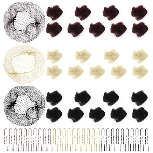 30 Piezas Redecilla Moño, Ballet Redecilla para Niñas con 30 Horquillas en Forma de U, Redecillas para Moños Malla con Borde Elástico para Camarera Enfermera Anfitriona (Negro, Café, Dorado)