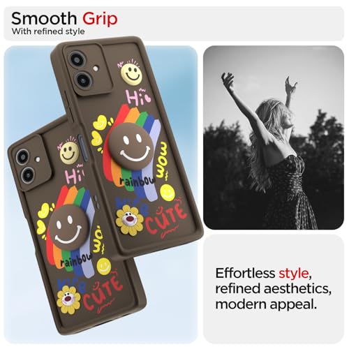 Image of Pikkme Back Cover for Motorola Moto G54 5G / G64 5G | Soft Silicone| Cute Rainbow Smile & 3D Cartoon Flower Design | Shockproof Raised Camera Protection Bumper Case (Brown)