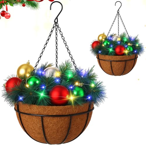 FineCheer 2 Pcs Winter Hanging Baskets for Outdoors Christmas Porch Decor with Pine Cones Berry Clusters LED Lights Christmas Hanging Basket for Outdoors for Front Door Home Porch(Ball Tree)