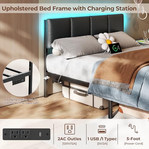 Image of Furnulem Full Size Bed Frame with Charging Station and LED Lights, PU Leather Upholstered Headboard, Metal Platform Bed with 2 Fabric Storage Drawers, Noise Free, No Box Spring Needed, Black