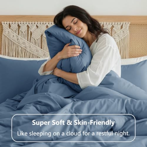 Image of HIMEET Full Size Comforter Sets, 3 Pieces with 2 Pillowcases, Grayish Blue | 270GSM Down Alternative Fill, Oeko-TEX Certified, 8 Corner Ties Quilted, All Season, Fluffy Bed Set, Bedroom Decor Bedding