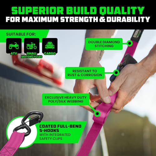 Image of Rhino USA Retractable Ratchet Straps (2-Pack) - 1 Inch x 10 Feet (1,209lb Break Strength) - Auto Self Retracting Tie Down Straps for Truck, Cargo Trailer, Motorcycle, ATV, UTV - Pink