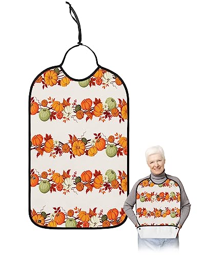 Thanksgiving Adult Bibs for Eating, Waterproof Bibs with Food Catcher & Adjustable Snap Closure, Orang Plaid Fallen Leaves Pumpkin Washable Clothing Protectors Adult Bibs for Elderly Women/Men