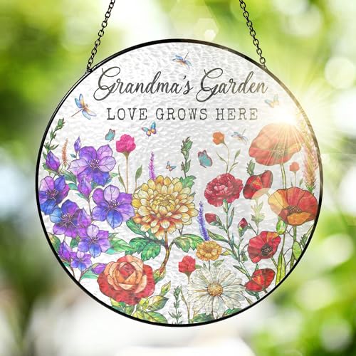 FLAGWIX Grandma Gifts - Grandmas Garden Stained Glass Window Hanging with Base 8 in - Mothers Day Decorations Nana Gigi Gifts for Grandma Sun Catchers Indoor Window for Home Garden Decor