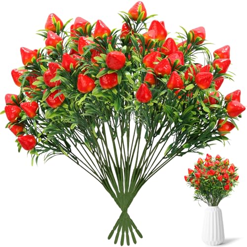 6Pcs Fake Strawberries Plants, Artificial Strawberry Vase Centerpieces for Home Tables Decor
