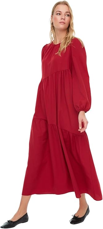 Trendyol Women's Crew Neck Standard Burgundy Dress
