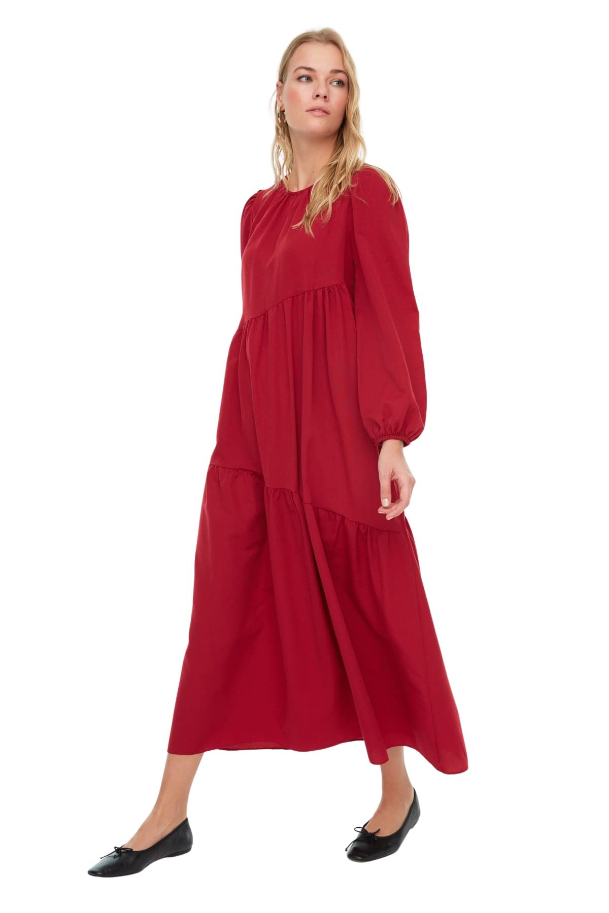 Trendyol Damen Burgundy Design Regular A-Linie Rundhalsausschnitt Webstoff Kleid, Bordeaux, 40