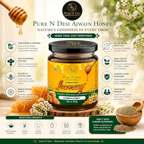 Image of PURE N DESI 100% Pure Organic Honey - 250g | Row Honey for Fitness & Health | Natural Immunity Booster | 100% Indigenous | Rich in Antioxidants & Minerals | Raw & unfiltered Ajwain honey in a premium glass jar with rich aroma and naturally sweet taste for everyday use.