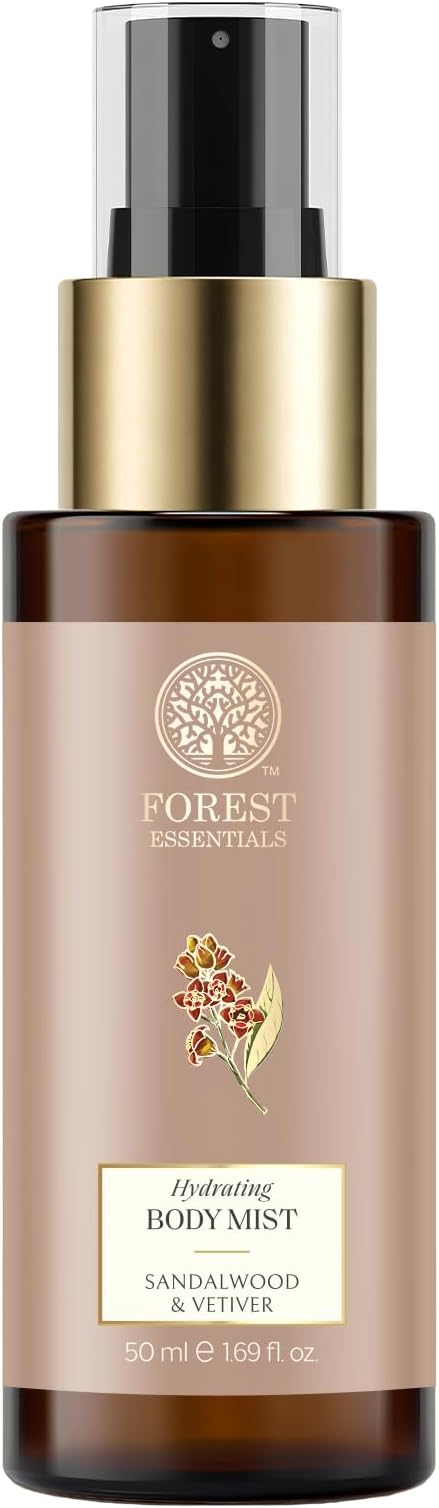 Forest Essentials Fragrant Body Mist Sandalwood & Vetiver | Aloe Vera juice infused Perfume Spray to keep Skin Scented & Hydrated Through the Day