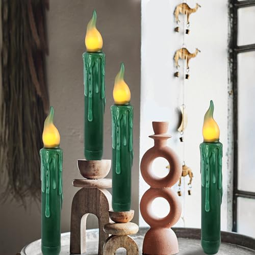 Image of Real Wax LED Flameless Short Taper Candles with Remote, 6.7 Inches Green Candlesticks, Dripless Battery Operated Flame Rustic Primitive Flameless Lights Holiday Decor, Pack of 2