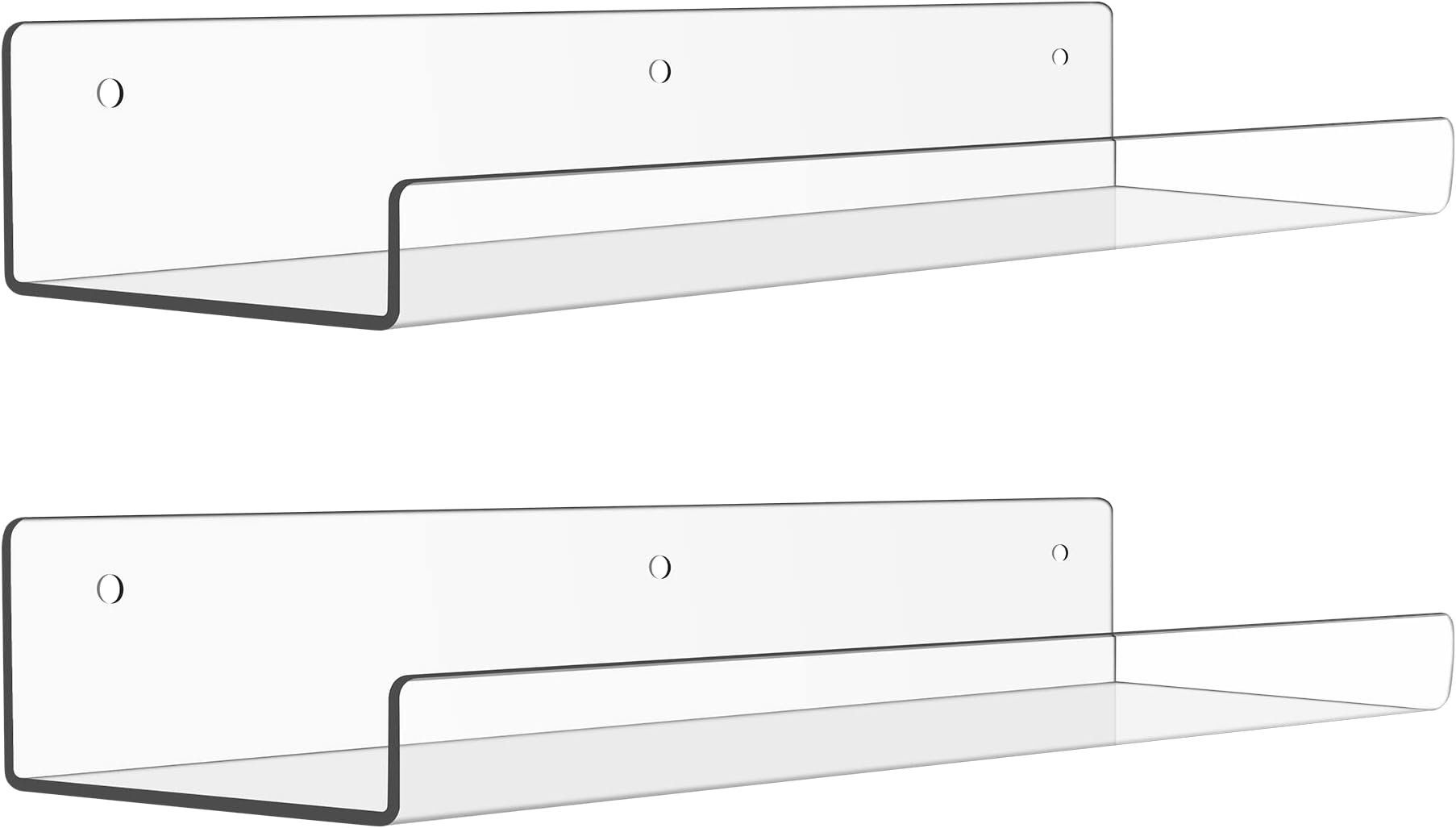 upsimples 2 Pack Acrylic Shelves for Wall Storage, 15" Floating Bookshelves for Kids, Display Shelves Organizer for Bathroom, Bedroom, Living Room, Kitchen, Room Decor, Clear
