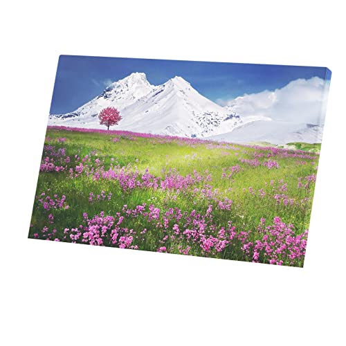 Toile imprimée paysage fleuri et montagne avec contraste mauve et neige