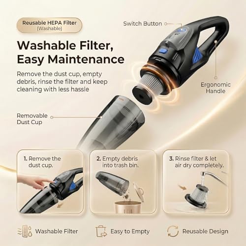 Image of Handheld Vacuum Cordless, 25000Pa Powerful Suction Car Vacuum Portable Cordless with 8000mAh Battery & LED Light, Hand Held Vacuum Rechargeable with HEPA Filters, Home, Car Seats, Pet Hair Blue