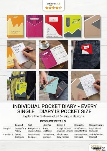 Image of Premium Pocket Diary Set of 6 | Motivational A6 Mini Notebook Multipack | Small Portable Designer Journals for Daily Notes & Gifting | Pocket Friendly Travel Diary Set for Office, School & Home (Multicolor)