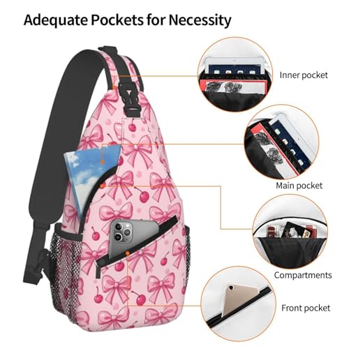 Image of SUPLUCHOM Sling Bag Pink Bows Cherry Hiking Daypack Crossbody Shoulder Backpack Travel Chest Pack for Men Women