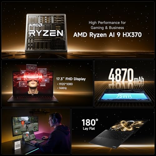 Image of NIMO 17.3 inch AI Laptop Copilot+, AMD Ryzen AI 9 HX 370, 12-Core, 50 Tops NPU, 16GB DDR5, 1TB SSD, Radeon 890M for Gaming, 100W Charging, WiFi 6E, Fingerprint, 180 View, Dual USB4 Ports, Windows 11