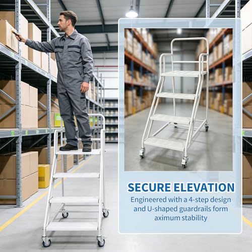 Image of 4-Step Rolling Ladder with Handrails 4 Lockable Wheels, Rolling Stairs with 39.4 inch Heigh Anti-Slip Platform with Fencehail, Industrial Platform Ladder for Supermarket Warehouse Factory, 23.6 inch W x59 H