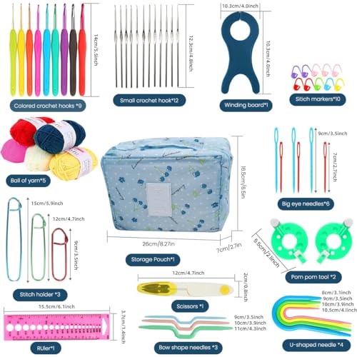Image of HASTHIP Crochet Kit for Beginners Adults, 107Pcs Crochet Hook Set with Crochet Yarn, Portable Crochet Set Ergonomic Crochet Hooks Travel Knitting DIY Crochet Supplies, Blue