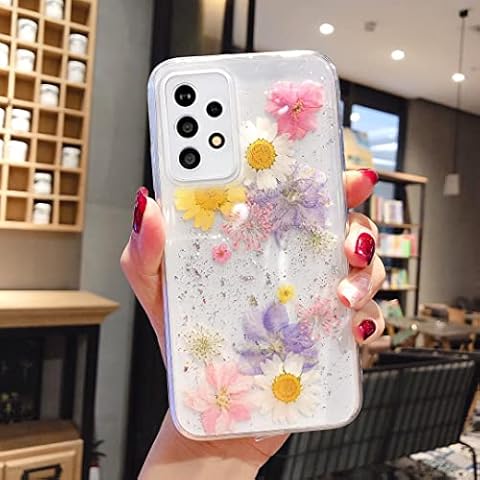 EYZUTAK Case for Samsung Galaxy A53 5G, Bling Glitter Sequin Handmade Real Dried Flower Leaf Embedded Pressed Floral Flexible Soft Rubber Gel TPU Protective Bumper Back Cover - Blue+Pink Cover