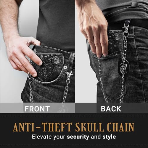 Skull Gothic Chain Wallet Leather - Punk Bifold Halloween Goth Accessories | Unisex, Black3