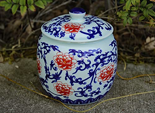 Ancient Chinese Style Blue And White Porcelain Helmet-Shaped Temple Jar (Medium Size Floral Red And Blue) #TOP5