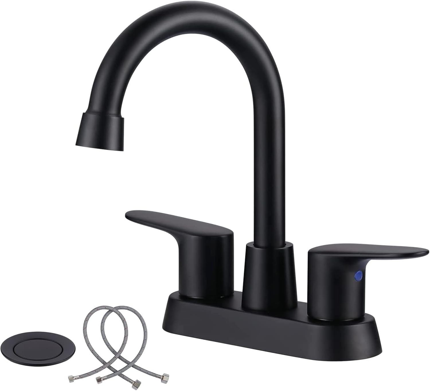 Matte Black Bathroom Faucet 3 Hole, 4 Inch 2 Handle Centerset Bathroom Vanity Sink Faucet, Modern Bathroom Faucets with Pop-up Drain Assembly and 2 Hoses