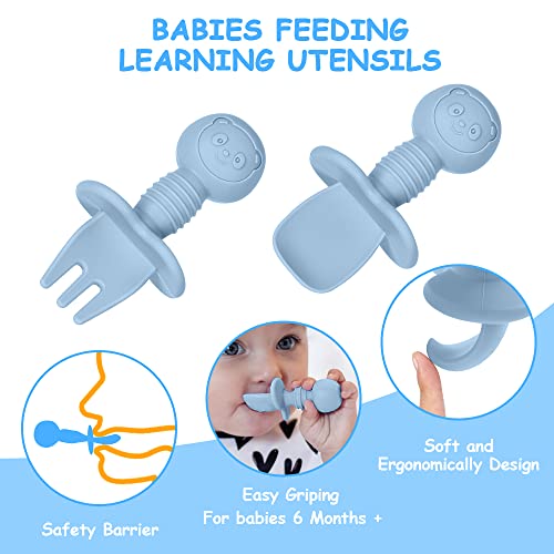 Vicloon Babylöffel, 4 Stück Baby Fütterlöffel aus Extra Weich Silikon, BPA Frei Baby Gabel und Löffel Set, Babybesteck für Baby, Kleinkind, Kinder - Grün+Blau