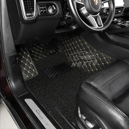 Image of NEXTA Premium Nappa Luxury Leather with Grass Mat Complete Set || 100% Waterproof and Washable||7D Cars Floor Mats for VinFast Limo Green - 7 Seater (All 3 Rows) | Color : (Black & Golden)