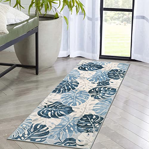 Lanffia Leaves Rug Runner 2X5, Blue Washable Laundry Room Rug, Faux Wool Non Slip Non Shedding Kitchen Runner, Low-Plie Entryway Rug Blue Coastal Carpet Runner For Bedroom Laundry Room Bathroom #TOP5