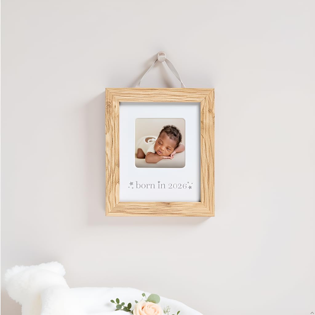 Kate & Milo Born in 2026 Baby Picture Frame – Wooden Nursery Keepsake with 3 x 3 Photo Insert, Gender Neutral Newborn Gift & Baby Announcement Décor