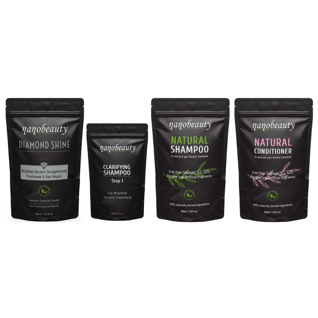 Nanobeauty Brazilian Keratin Hair Straightening Treatment FULL Kit with Aftercare SLS Shampoo and Conditioner. Diamond Infused, Vegan, Blow dry, Smoothing/Repair, Argan Oil, Professional Results
