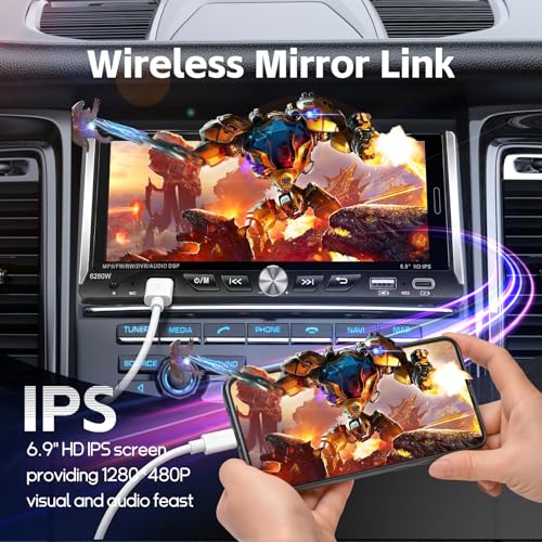 Image of Single Din Radio Car Stereo with Wireless Apple Carplay & Android Auto, 6.9 inch UHD Touchscreen Car Stereo with Bluetooth, 1080P Backup Camera Mirror Link Navigation USB Type-C Fast Charging FM /AM EQ SWC