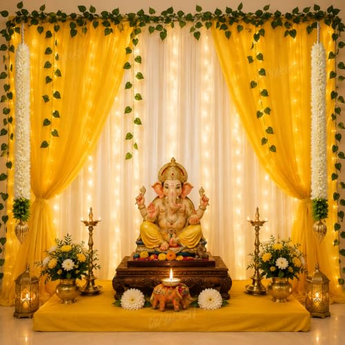 Image of Divyakosh Ganpati Decoration Set (15 Pcs) for Home, Ganesh Chaturthi Backdrop, Ganesha Setup Fabric Garlands, LED Lights, Dahlia Flowers & Elephant Diya