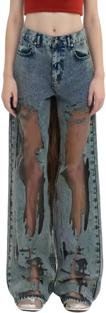 Women's Mesh Splicing Jeans Mid Rise Sexy Sheer Slim Fit Straight Wide-Leg Y2K Trendy Vintage Denim Pants