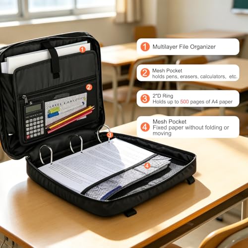 Image of LLi Cufite Zippered Binder Bag,3 Ring Binder with Multi-Pocket - 500 Sheet Capacity, Up to 14 inch Laptop and Tablet, Detachable Backpack Straps & Shoulder Use for School and Offices(Black)
