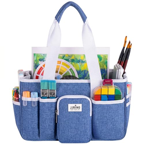 Image of JJRING Craft Organizer Tote Bag, Portable Art Caddy With Adjustable Divider&Secure Zipper Pocket, Foldable Storage Tote For Scrapbooking, Sewing, Artist And Home(Blue) | Secure Zipper Pocket