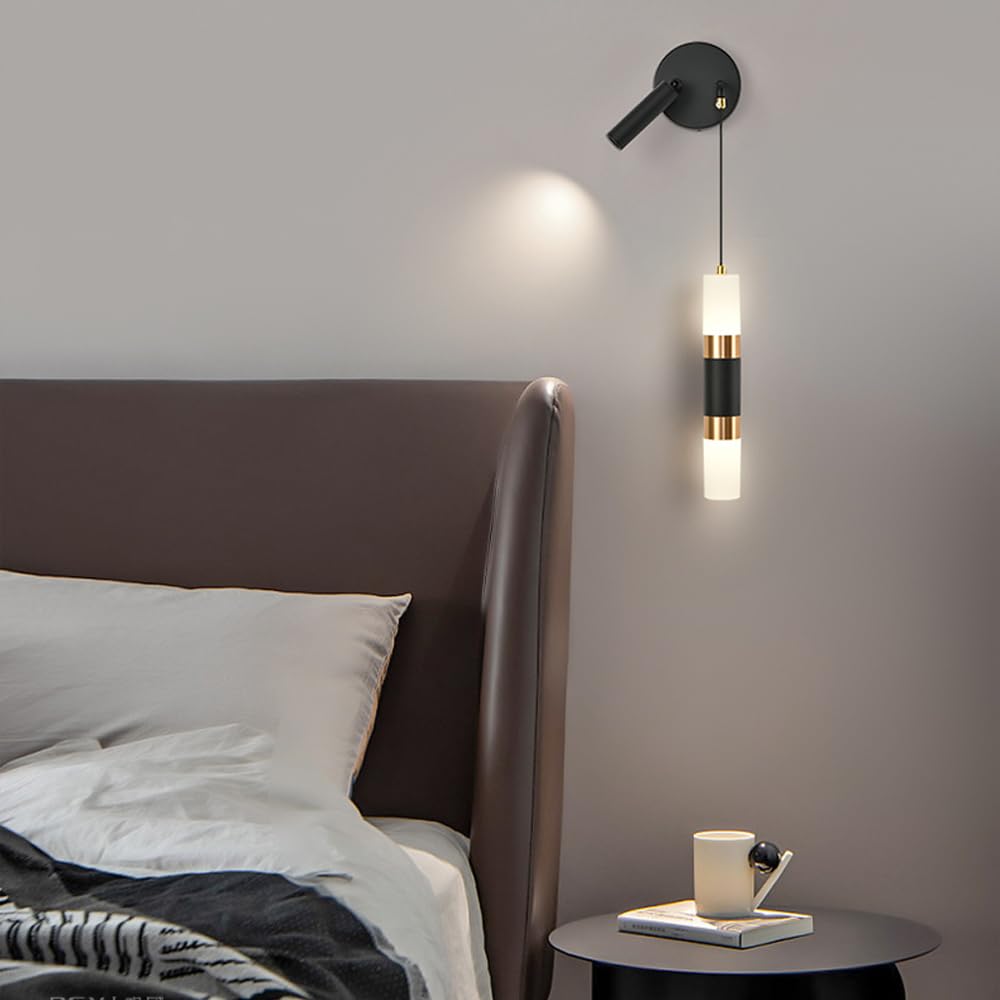 Applique da Parete Nera Moderna Minimalista a LED, Lampada Artistica da Comodino in Alluminio con Filo sospeso, Regolabile 3000K/4000K/6000K, 18W, Applique a Tubo Lungo Dorate per