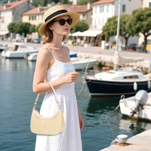 Image of KKXIU Summer Straw Beach Woven Shoulder Bag Vacation Clutch Purses for Women Hobo Tote Handbags (Beige)