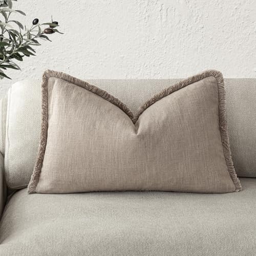 Image of Foindtower Decorative Linen Fringe Lumbar Throw Pillow Covers Boho Farmhouse Cushion Cover with Tassel Soft Accent Pillowcase for Sofa Bed Living Room Home Decor, 12x24 Inch,1PC,Natural Linen