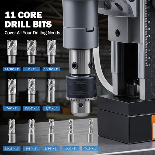 Image of ZELCAN Mag Drill Press with 11 Core Drill Bits, 1550W Magnetic Drill with 2 inch Boring Dia Reverse Drilling, 2922lbf Portable Electric Magnet Drill with Stepless Speed for Metal Surface Industrial Home