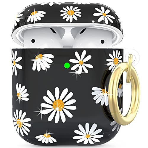NIUTRENDZ AirPods Hülle TPU Süßes Glitzer-Gänseblümchen-Design AirPods Case [Front-LED Sichtbar] Kompatibel mit Apple AirPods 2 & 1 (Schwarz) Cover