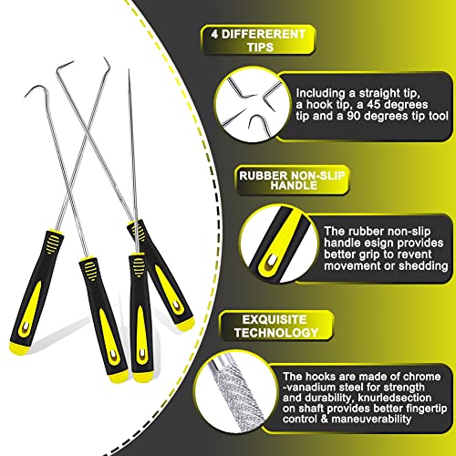 Keze 4 Pcs Long Precision Pick And Hook Set,Includes Angled,Straight,And Full Hooks And Picks,For Remove Hoses And Gaskets/O-Ring,Used For Automobile And Electronic Products Maintenance Tools Set #TOP1