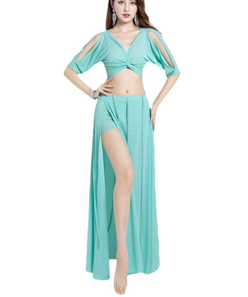 HEARTTOUCH Damen Bauchtanz Kostüm Glänzend Oberteil Bauchfrei Kurzarm Crop Top Tanzrock Tanzkostüm Belly Dance Outfit für Karneval Fasching