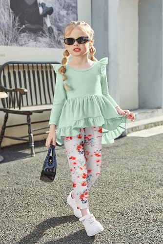 Image of Arshiner Toddler Girl Clothes Ruffle Trim Long Sleeve Pullover Top and Floral Print Leggings Fall Outfits Kids Clothing Sets