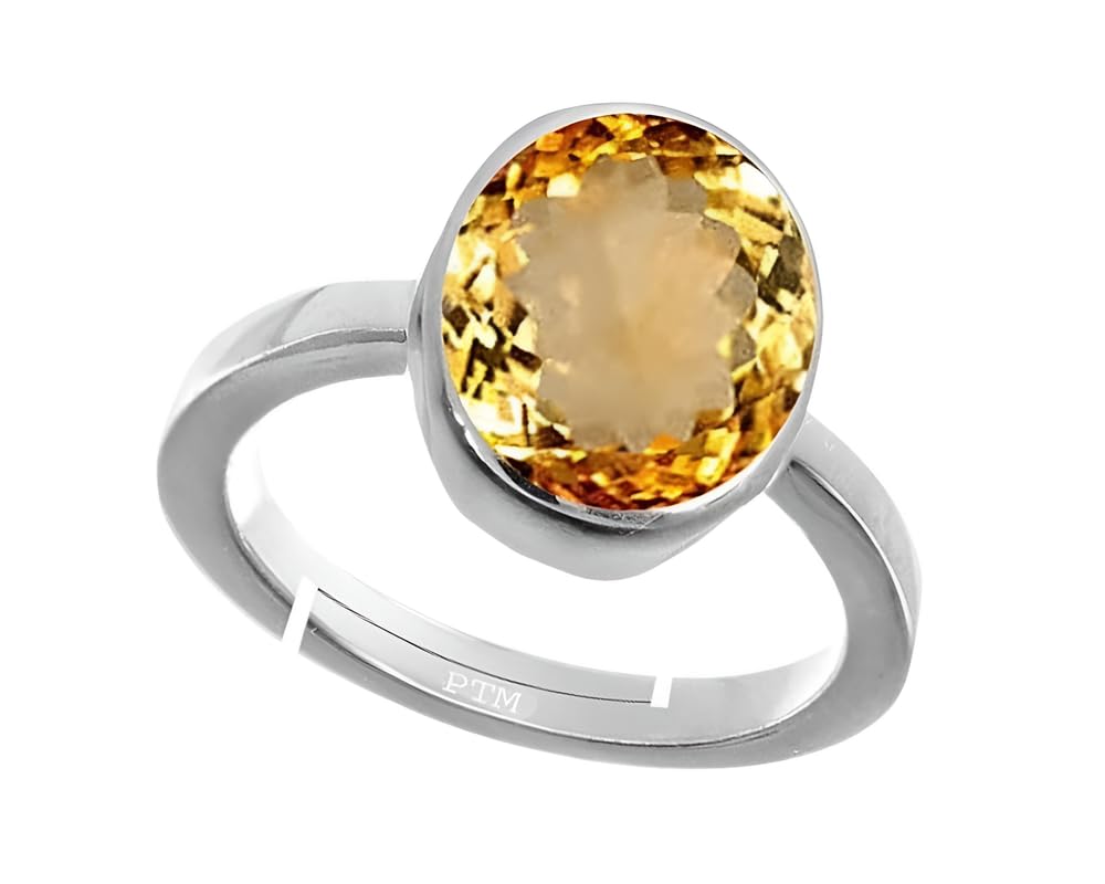 PTM Natural Citrine/Sunehla 3.25 to 10.25 Ratti or 3.00 to 9.50 Carat Astrological Certified Gemstone Pure Sterling Silver/925 bis Hallmark Adjustable Ring for Men Women