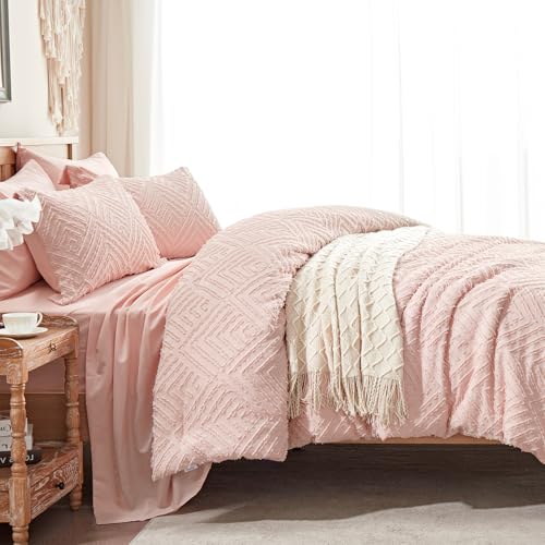 Image of Zzlpp King Comforter Set 7 Pieces, Pink Tufted Bed in a Bag with Comforter and Sheets, All Season Boho Bedding Sets with 1 Comforter, 2 Pillow Shams, 2 Pillowcases, 1 Flat Sheet, 1 Fitted Sheet